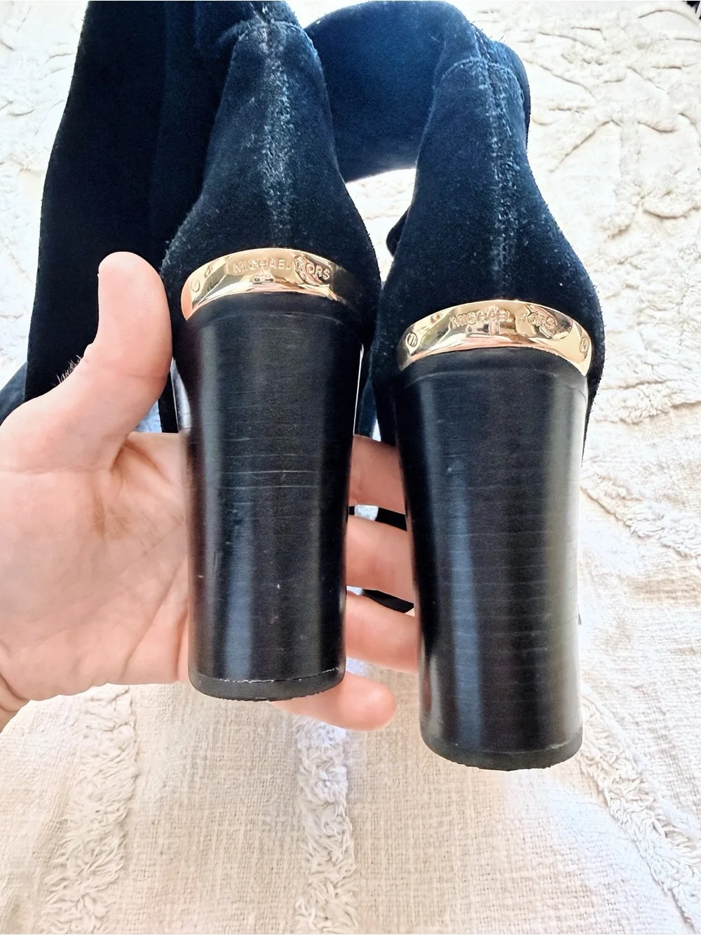 Michael Kors Black Suede Over-the-Knee Boots Size 10 Block Heel Gold Logo